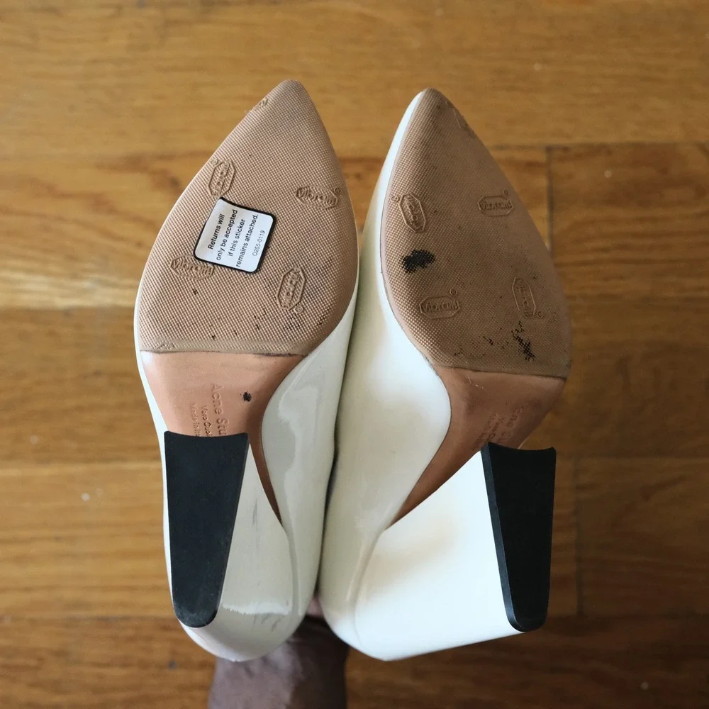 Acne Studios Ilona Patent Leather Pumps White Pointed Toe Block Heel Size 36